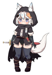 Rule 34 | 1girl, animal ears, bailingxiao jiu, black bow, black footwear, black gloves, black jacket, black leotard, black scarf, black thighhighs, blue eyes, blush, boots, bow, braid, covered mouth, ears through headwear, elbow gloves, full body, glasses, gloves, gluteal fold, groin, hair bow, hair ornament, heart, heart-shaped pupils, highleg, highleg leotard, highres, holding, holding sword, holding weapon, hood, hood up, jacket, leotard, leotard under clothes, original, pigeon-toed, scarf, short sleeves, side braid, silver hair, simple background, solo, standing, sword, symbol-shaped pupils, tail, thighhighs, thighhighs under boots, weapon, white background