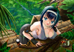 Rule 34 | 1girl, bike shorts, blue eyes, breasts, cellphone, cleavage, dutch angle, female focus, fingerless gloves, flashlight, gloves, hairband, highres, jungle, large breasts, mushroom, nature, no bra, on the phone, original, outdoors, phone, ruins, solo, stairs, tan (knock up), tank top