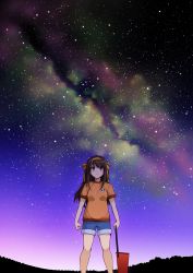 Rule 34 | 1girl, absurdres, aged down, animal print, bare legs, bear print, brown eyes, brown hair, clenched hand, commentary request, denim, denim shorts, hair ribbon, hairband, haruhisky, highres, line marker, long hair, outdoors, panda print, ribbon, short sleeves, shorts, sky, solo, star (sky), starry sky, suzumiya haruhi, suzumiya haruhi (young), suzumiya haruhi no yuuutsu