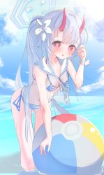 Rule 34 | 1girl, absurdres, ball, beachball, bikini, blue archive, blue hair, chise (blue archive), chise (swimsuit) (blue archive), flower, hair flower, hair ornament, halo, highres, horns, leaning forward, long braid, multicolored bikini, multicolored clothes, multicolored swimsuit, ocean, oni horns, osorii, partially submerged, red eyes, red horns, sailor collar, see-through, string bikini, striped bikini, striped clothes, swimsuit