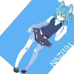 Rule 34 | 1girl, animal ears, black footwear, black skirt, blue hair, character name, clenched hands, closed mouth, collared shirt, dutch angle, full body, greatmosu, hair between eyes, highres, long sleeves, looking at viewer, mary janes, mouse ears, mouse tail, multicolored background, nazrin, red eyes, shirt, shoes, short hair, skirt, sleeveless, smile, solo, standing, tail, touhou, two-tone background, white shirt