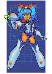 Rule 34 | 1girl, blue hair, boots, breasts, dakusuta, dark skin, dark-skinned female, full body, gloves, green eyes, hair between eyes, holding, holding weapon, large breasts, md5 mismatch, medium hair, open mouth, original, resolution mismatch, solo, source larger, spiked hair, standing, thigh boots, thighhighs, weapon
