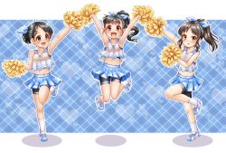 Rule 34 | 3girls, :d, arm up, armpits, arms up, bare arms, bare shoulders, bike shorts, black hair, black shorts, blue background, blue footwear, blue ribbon, blue skirt, blush, brown eyes, rabbit hair ornament, cheerleader, collarbone, commentary request, crop top, fukuyama mai, grey eyes, hair ornament, hair ribbon, hairclip, heart, heart background, high ponytail, highres, holding, idolmaster, idolmaster cinderella girls, jumping, long hair, looking at viewer, matching outfits, midriff, multiple girls, navel, open mouth, outstretched arm, plaid, plaid background, pleated skirt, polka dot, polka dot ribbon, pom pom (cheerleading), ponytail, regular mow, ribbon, sasaki chie, shoes, short shorts, shorts, shorts under skirt, skirt, smile, socks, standing, standing on one leg, tachibana arisu, tank top, two-tone background, white background, white legwear