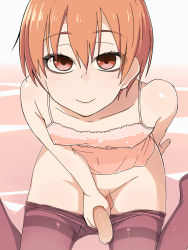 Rule 34 | 1boy, arm support, brown eyes, brown hair, camisole, clothes pull, covered erect nipples, crossdressing, eyelashes, eyeliner, foreskin, from above, highres, kinta (kinta no mousou), lingerie, looking at viewer, makeup, male focus, masturbation, original, pantyhose, pantyhose pull, penis, sitting, smile, solo, thighband pantyhose, third-party edit, trap, uncensored, underwear, wariza