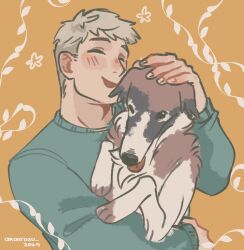 Rule 34 | 1boy, akairosu, animal, artist name, borzoi, brown hair, closed eyes, commentary, dated, dog, dungeon meshi, english commentary, green sweater, hands up, highres, holding, holding animal, laios touden, light brown hair, long sleeves, male focus, open mouth, orange background, petting, short hair, sweater, twitter username, upper body, very short hair