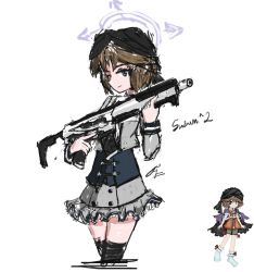 Rule 34 | 1other, androgynous, black thighhighs, blue archive, blue eyes, brown hair, cine hamal, closed mouth, commentary, cosplay, english commentary, frilled skirt, frills, grey jacket, grey skirt, gun, highres, holding, holding gun, holding weapon, jacket, kuzu suzumi, len&#039;en, long sleeves, medrif, name connection, reference inset, rifle, sig mcx, simple background, sketch, skirt, smile, suzumi (blue archive), suzumi (blue archive) (cosplay), thighhighs, turban, weapon, white background