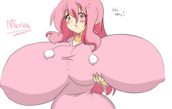 Rule 34 | blush, breast lift, breasts, covered erect nipples, curvy, gigantic breasts, long hair, original, pink eyes, pink hair, pointy ears, shirt, simple background, wide hips, zeon (pixiv722928)