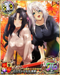 Rule 34 | 2girls, animal ears, autumn leaves, black hair, blue eyes, breasts, card (medium), cat ears, cat girl, cat tail, chess piece, female focus, high school dxd, kuroka (high school dxd), large breasts, long hair, multiple girls, multiple tails, official art, purple lips, rook (chess), rossweisse, slit pupils, tail, yellow eyes