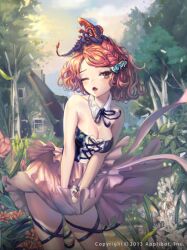 11ama 1girl 2013 bob_cut copyright_notice cosplay cottage_(building) curly_hair dragon fantasy forest house marilyn_monroe marilyn_monroe_(cosplay) nature one_eye_closed open_mouth orange_eyes orange_hair original outdoors sky solo the_seven-year_itch tree western_dragon wind wind_lift