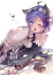 Rule 34 | 10s, 1girl, ;o, animal ears, artist name, cat ears, cat tail, dated, detached sleeves, eyes visible through hair, fangs, frills, from side, hair ornament, hair over one eye, hair ribbon, highres, holding tail, looking at viewer, maid, maid headdress, one eye closed, open mouth, re:zero kara hajimeru isekai seikatsu, rem (re:zero), ribbon, saya (mychristian2), short hair, signature, solo, tail, thighhighs, white thighhighs, x hair ornament