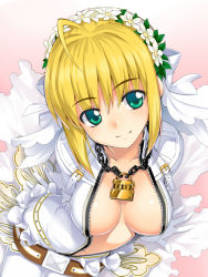 Rule 34 | 10s, 1girl, ahoge, arms behind back, bdsm, belt, blonde hair, bodysuit, bondage, bound, breasts, bridal veil, buckle, center opening, chain, fate/extra, fate/extra ccc, fate (series), flower, gloves, green eyes, head wreath, large breasts, lock, namonashi, navel, nero claudius (bride) (fate), nero claudius (fate), nero claudius (fate), padlock, solo, unzipped, veil, zipper