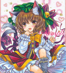 Rule 34 | 1girl, :d, animal ear fluff, animal ears, black tail, bow, bowtie, brown hair, cat ears, cat tail, chen, cowboy shot, dress, earrings, fang, frilled bowtie, frilled sleeves, frills, green hat, grey legwear, hat, hat bell, hat ribbon, heart, heart background, jewelry, long sleeves, looking at viewer, marker (medium), mob cap, multiple tails, open mouth, paw print, paw print background, purple ribbon, red dress, red eyes, red ribbon, ribbon, rui (sugar3), sample watermark, shirt, short hair, single earring, skin fang, smile, solo, tail, touhou, traditional media, two tails, watermark, white shirt, yellow bow, yellow bowtie