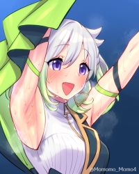 Rule 34 | 1girl, armband, armpits, arms up, blue background, blush, dress, eyelashes, hair between eyes, highres, open mouth, outstretched arms, purple eyes, sidelocks, sleeveless, smile, stained clothes, steam, steaming body, sweat, sweaty clothes, twitter username, upper body, virtual youtuber, white hair, yoshiwa tomo, yuni (yuni channel), yuni channel