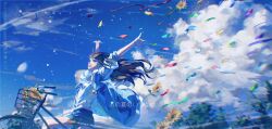 Rule 34 | 1girl, ano natsu no itsuka wa (vocaloid), arms up, artist name, bicycle, black hair, blue eyes, blue jacket, blue sky, blue theme, chromatic aberration, cloud, cloudy sky, commentary, confetti, dated, english commentary, floating clothes, floating hair, flower, highres, jacket, jewelry, jiatu, long hair, motion blur, necklace, open mouth, outdoors, see-through silhouette, shirt, shorts, sky, smile, solo, star (symbol), star necklace, sunflower, tree, white shirt, wide shot, yellow flower