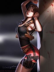 Rule 34 | 1girl, blood, blood on face, blue eyes, breasts, brown hair, capcom, claire redfield, cleavage, gun, hair between eyes, hair down, handgun, highres, holstered, large breasts, liang xing, long hair, looking at viewer, parted lips, pistol, resident evil, resident evil 2, solo, standing, weapon
