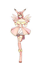 Rule 34 | 1girl, absurdres, animal ears, bare shoulders, brown eyes, clefable, collarbone, creatures (company), dress, full body, game freak, gen 1 pokemon, gloves, highres, index finger raised, nintendo, personification, pink gloves, pink hair, pokemon, simple background, smile, solo, standing, standing on one leg, sunuo de justwe zidong shou huoji, white background, wings