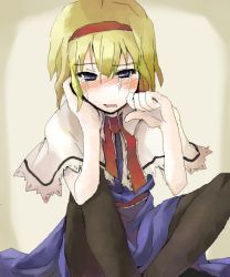 Rule 34 | 1girl, aliasing, alice margatroid, black pantyhose, blonde hair, blue dress, blue eyes, blush, capelet, crying, crying with eyes open, dress, female focus, indian style, leaning forward, looking at viewer, mochiki, necktie, nose blush, oekaki, pantyhose, sash, sitting, solo, streaming tears, tears, touhou, wiping tears