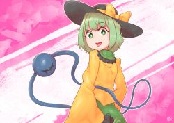 Rule 34 | 1girl, arms at sides, black hat, bright pupils, from behind, green eyes, green hair, green skirt, hat, hat ribbon, highres, komeiji koishi, long sleeves, looking at viewer, looking back, open mouth, pink background, ribbon, shirt, short hair, signature, skirt, solo, standing, striped, striped background, third eye, tongue, tongue out, touhou, two-tone background, upper body, white background, white pupils, wide sleeves, yellow shirt, zanasta0810