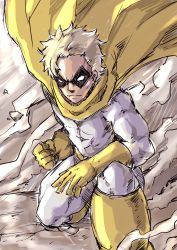 Rule 34 | 10s, 1boy, abs, absurdres, blonde hair, boku no hero academia, cape, clenched hand, crack, gloves, gran torino (boku no hero academia), grey background, highres, male focus, max07817, muscular, rock, sketch, smile, solo, yellow cape, yellow gloves, aged down