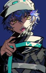 Rule 34 | 1boy, absurdres, black jacket, blue background, blue hair, checkered clothes, checkered mask, dark-skinned male, dark skin, fate/grand order, fate (series), hair between eyes, hassan of the shining star (fate), hat, highres, jacket, long sleeves, looking at viewer, male focus, mask, mask pull, mouth mask, mura karuki, open mouth, short hair, simple background, solo, upper body, white hat, yellow eyes