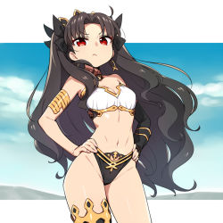 Rule 34 | &gt;:(, 1girl, armlet, black hair, breasts, chan co, cleavage, closed mouth, contrapposto, cowboy shot, detached sleeves, earrings, fate/grand order, fate (series), frown, hands on own hips, highres, hoop earrings, ishtar (fate), ishtar (fate), jewelry, long hair, midriff, mountainous horizon, navel, necklace, outdoors, outside border, red eyes, single detached sleeve, sky, small breasts, solo, two side up