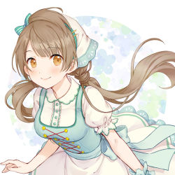 Rule 34 | 1girl, blush, bow, brown eyes, brown hair, closed mouth, collared shirt, dress shirt, floral background, green bow, hair bow, hair ornament, hairclip, head scarf, long hair, love live!, love live! school idol festival, love live! school idol project, low twintails, minami kotori, puffy short sleeves, puffy sleeves, rio.lw, shirt, short sleeves, single wrist cuff, skirt, smile, solo, striped, striped bow, twintails, upper body, very long hair, white shirt, white skirt, wrist cuffs