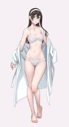 Rule 34 | 1girl, aqua eyes, bare legs, bare shoulders, barefoot, bikini, black hair, blush, breasts, closed mouth, collarbone, commentary request, full body, glasses, grey background, hair between eyes, hairband, highres, jacket, kantai collection, long hair, long sleeves, looking at viewer, navel, off shoulder, ooyodo (kancolle), open clothes, semi-rimless eyewear, simple background, small breasts, smile, solo, standing, stomach, swimsuit, under-rim eyewear, white bikini, white hairband, white jacket, yuuji (and)