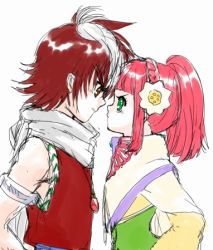 Rule 34 | 1boy, 1girl, bare shoulders, brown eyes, caius qualls, cape, dress, green eyes, jewelry, lazy rabbit, long hair, lowres, multicolored hair, necklace, pink hair, ponytail, rubia natwick, scarf, short hair, tales of (series), tales of the tempest