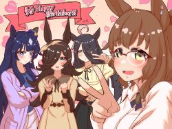 Rule 34 | 4girls, ahoge, animal ears, aston machan (umamusume), birthday connection, black hair, black ribbon, blue eyes, blue hair, blunt bangs, bright pupils, brown hair, brown hairband, casual, commentary request, crossed arms, dated, ear covers, ear piercing, earrings, ears through headwear, english text, flipped hair, frilled shirt collar, frills, glasses, grey hair, hair over one eye, hairband, happy birthday, hat, highres, horse ears, horse girl, huge ahoge, jacket, jaggy lines, jewelry, jimo jimon, light brown hair, long bangs, long hair, long sleeves, looking at viewer, manhattan cafe (umamusume), mini hat, multicolored hair, multiple girls, neck ribbon, official alternate costume, open clothes, open jacket, pendant, piercing, purple jacket, red-framed eyewear, ribbon, rice shower (umamusume), sidelocks, single ear cover, single earring, swept bangs, tilted headwear, trait connection, two-tone hair, umamusume, upper body, v, verxina (umamusume), yellow eyes