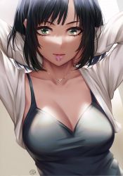 Rule 34 | 1girl, absurdres, arms behind head, black hair, breasts, cleavage, collarbone, commentary request, condom, condom in mouth, dress, fubuki (one-punch man), green eyes, highres, hua-j, jacket, jewelry, large breasts, long sleeves, looking at viewer, medium hair, mouth hold, necklace, one-punch man, solo, white jacket