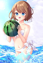 Rule 34 | 1girl, :d, ball, bare arms, bare shoulders, beachball, bikini, blue eyes, blue sky, brown hair, clip studio paint (medium), cloud, cloudy sky, collarbone, commentary request, day, front-tie bikini top, front-tie top, holding, holding ball, looking at viewer, misaki (misaki86), navel, open mouth, original, outdoors, sky, smile, solo, splashing, swimsuit, water, watermelon beachball, white bikini