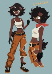 Rule 34 | 1girl, animal ears, arms at sides, belt, black gloves, black hair, blue background, brown eyes, brown pants, character name, colo (nagrolaz), crop top, dog ears, dog tail, female focus, flat color, full body, furry, furry female, gloves, messy hair, midriff, mole, mole under eye, navel, neckerchief, original, pants, sharp teeth, shoes, simple background, smile, solo, standing, tail, teeth, tomboy, torn clothes, torn pants