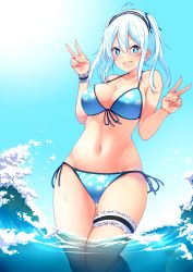 Rule 34 | &gt;:d, 1girl, :d, absurdres, ahoge, bad id, bad pixiv id, bikini, blue bikini, blue eyes, blue hair, blush, breasts, bridal garter, cleavage, collarbone, day, double v, hair between eyes, hands up, highres, large breasts, looking at viewer, navel, ocean, open mouth, original, outdoors, side-tie bikini bottom, smile, solo, standing, star-shaped pupils, star (symbol), string bikini, suruga (xsurugax), swimsuit, symbol-shaped pupils, thick eyebrows, thighs, v, v-shaped eyebrows, wading