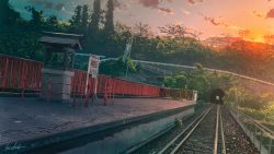 Rule 34 | absurdres, banishment, cloud, dutch angle, highres, hill, huge filesize, nature, no humans, original, outdoors, railing, railroad tracks, scenery, shrine, sign, signature, sky, statue, sunset, texture, train station, tree, tunnel, vanishing point