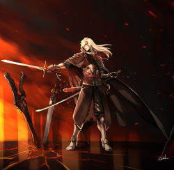 Rule 34 | 1boy, absurdres, armor, black cape, cape, copyright request, crack, cracked floor, dagger, embers, gauntlets, greaves, hair over one eye, highres, holding, holding sword, holding weapon, katana, knife, long hair, male focus, parted lips, red eyes, rein00, rhapsody of zephyr, scabbard, sheath, sheathed, signature, solo, standing, sword, the war of genesis, weapon, white hair