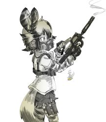 Rule 34 | 10s, 1girl, african wild dog (kemono friends), african wild dog print, animal ears, bad id, bad pixiv id, bodystocking, bullpup, casing ejection, cowboy shot, dog ears, dog tail, fingerless gloves, from side, gas mask, gloves, gomu (21887144), gun, hands up, headset, holding, holding gun, holding weapon, kemono friends, long sleeves, mask, p90, personal defense weapon, pouch, reloading, shell casing, shirt, short hair, short sleeves, shorts, simple background, smoke, smoking gun, solo, standing, submachine gun, suppressor, tail, thigh pouch, weapon, white background