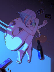 Rule 34 | 1girl, absurdres, alcohol, barefoot, breasts, bullet, ceacin12, completely nude, crying, cyberpunk (series), cyberpunk edgerunners, david martinez, fetal position, full body, gun, highres, indoors, large breasts, lucy (cyberpunk), lying, multicolored hair, nude, on floor, on side, photo (object), pill, weapon