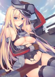 Rule 34 | 10s, 1girl, adjusting clothes, adjusting headwear, arm up, bare shoulders, bismarck (kancolle), black panties, blonde hair, blue eyes, blurry, blush, breasts, brown gloves, covered erect nipples, covered navel, cross, depth of field, detached sleeves, gloves, grey thighhighs, hat, highres, iron cross, kantai collection, large breasts, long hair, looking at viewer, military, military hat, military uniform, obiwan, panties, peaked cap, solo, sweat, thighhighs, torn clothes, turret, twitter username, underboob, underwear, uniform