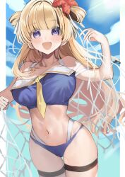 Rule 34 | 1girl, absurdres, bikini, blonde hair, blue bikini, blue sky, breasts, cleavage, cloud, cloudy sky, commentary request, covered navel, cowboy shot, dated, day, double bun, fletcher (kancolle), fletcher mk ii (kancolle), hair bun, hair ornament, highres, kantai collection, large breasts, long hair, looking at viewer, official alternate costume, outdoors, picoli1313, purple eyes, revision, sky, smile, solo, swimsuit