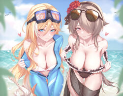 Rule 34 | 2girls, ach, bare shoulders, bianka durandal ataegina, bikini, blonde hair, blue eyes, bodysuit, breasts, brown hair, cleavage, collarbone, cowboy shot, cross-laced bikini, cross-laced clothes, diving suit, eyewear on head, gluteal fold, goggles, goggles on head, hair between eyes, hair over one eye, heart, highres, honkai (series), honkai impact 3rd, large breasts, leaning forward, long hair, looking at viewer, multiple girls, ocean, open bodysuit, open clothes, open wetsuit, partially unzipped, purple eyes, rita rossweisse, ruo zhishi chu jian, smile, strap gap, strap pull, sunglasses, swimsuit, thigh gap, very long hair, wetsuit