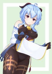 Rule 34 | ahoge, bare shoulders, bell, black gloves, black legwear, blue hair, blush, bodystocking, bodysuit, breasts, clothes lift, detached sleeves, ganyu (genshin impact), genshin impact, gloves, gold trim, highres, horns, leotard, leotard under clothes, lifting own clothes, loincloth lift, looking at viewer, medium breasts, neck bell, sidelocks, smile, solo, sonao, standing, tassel, thighlet, white sleeves