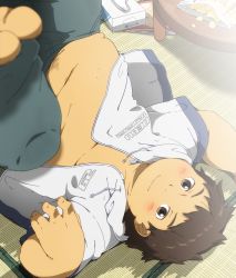 Rule 34 | blush, brown eyes, brown hair, child, chips (food), fat, fat man, food, hinami (ryuusei potechi), jacket, lying, magazine (object), male focus, on back, smile, tissue