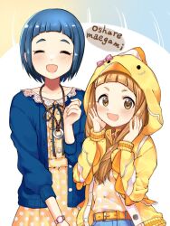 Rule 34 | 2girls, animal hood, belt, black ribbon, blue hair, blue jacket, blunt bangs, blush, breasts, brown eyes, brown hair, closed eyes, collarbone, dot nose, dress, flat chest, hand up, hands up, highres, hood, ichihara nina, idolmaster, idolmaster cinderella girls, idolmaster cinderella girls starlight stage, jacket, jewelry, long hair, long sleeves, looking at viewer, mmmakaron888, multicolored background, multiple girls, neck ribbon, necklace, okazaki yasuha, open clothes, open jacket, open mouth, orange belt, orange dress, pink ribbon, polka dot, polka dot dress, polka dot shirt, ribbon, shirt, short hair, simple background, small breasts, smile, twintails, v-shaped eyebrows, watch, wristwatch, yellow jacket, yellow shirt