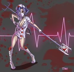 Rule 34 | 1girl, absurdres, bandages, blood, blue hair, breasts, cardiogram, choker, cleavage, cross, dress, eyepatch, hacksaw, hair over one eye, hair up, hat, heartbeat, highres, its just suppi, large breasts, mask, nurse, nurse cap, red cross, saw, short dress, skullgirls, solo, tiptoes, valentine (skullgirls)