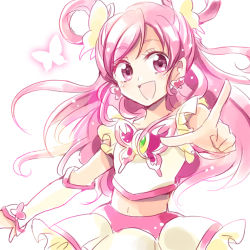 Rule 34 | 00s, 1girl, arm warmers, blush, cure dream, detached sleeves, earrings, eyelashes, fingerless gloves, gloves, hair rings, happy, hitopm, jewelry, long hair, looking at viewer, lowres, magical girl, midriff, navel, open mouth, pink eyes, pink hair, pointing, precure, shirt, simple background, sketch, skirt, smile, solo, white background, wrist cuffs, yes! precure 5, yumehara nozomi