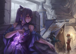 Rule 34 | 1girl, 2boys, armor, bare shoulders, black gloves, bottle, character request, choker, cone hair bun, cowboy shot, dress, flower, genshin impact, gloves, glowing, glowing sword, glowing weapon, hair between eyes, hair bun, hat, hiding, highres, holding, holding sword, holding weapon, jewelry, keqing (genshin impact), lantern, long hair, looking at another, multiple boys, outdoors, outstretched hand, pauldrons, ponytail, purple eyes, purple hair, quill, red headwear, shoulder armor, sidelocks, standing, stormstx, sword, table, tent, weapon, white hair