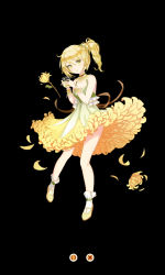 Rule 34 | 1girl, black background, blonde hair, breasts, choker, cleavage, cuisine dimension, cup, dress, flower, full body, highres, holding, holding cup, kibiko (cheeks), cuisine dimension, petals, ponytail, simple background, small breasts, socks, solo, standing, white socks, wristband, yellow dress, yellow eyes, yellow flower, yellow footwear