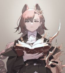 Rule 34 | 1girl, animal ears, arknights, ascot, black coat, black nails, book, brown background, brown hair, canin04477, coat, hair between eyes, hair ornament, long hair, long sleeves, looking at viewer, nail polish, open book, penance (arknights), simple background, solo, upper body, white ascot, yellow eyes