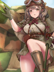Rule 34 | 1girl, belt, boots, breasts, brown eyes, brown hair, em s, gloves, helmet, highres, holding, holding weapon, imperial japanese army, kantai collection, katana, large breasts, long hair, medal, military, military uniform, military vehicle, motor vehicle, open mouth, shinshuu maru (kancolle), skirt, sword, tank, tank destroyer, uniform, watch, weapon