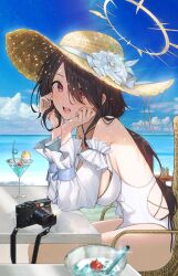 Rule 34 | 1girl, absurdres, beach, black hair, blue archive, blue sky, blush, breasts, camera, chair, cloud, cup, day, detached sleeves, drinking straw, flower, hair between eyes, halo, hat, hat flower, highres, hinata (blue archive), hinata (swimsuit) (blue archive), kuren kren, large breasts, leaning forward, long hair, looking at viewer, ocean, official alternate costume, one-piece swimsuit, open mouth, outdoors, red eyes, sitting, sky, swimsuit, white flower, white one-piece swimsuit